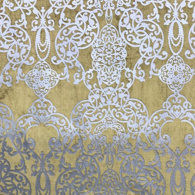 Vince fabric in color Brass showcasing fabric damask foil print on velvet upholstery fabric.