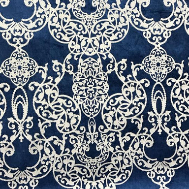 Vince fabric in color Navy showcasing fabric damask foil print on velvet upholstery fabric.